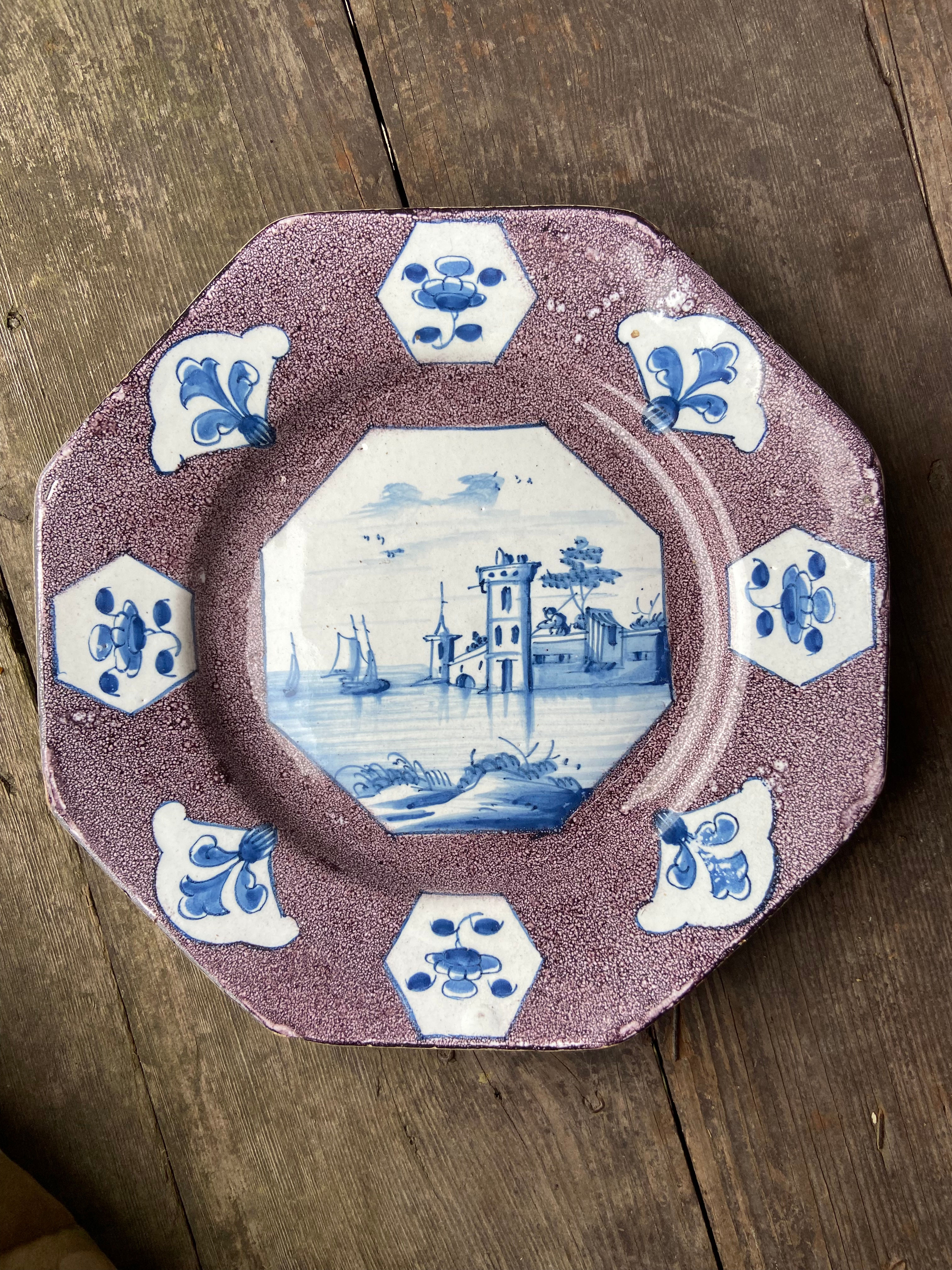 English delftware manganese dish 1740 delft tinglazed faience pottery