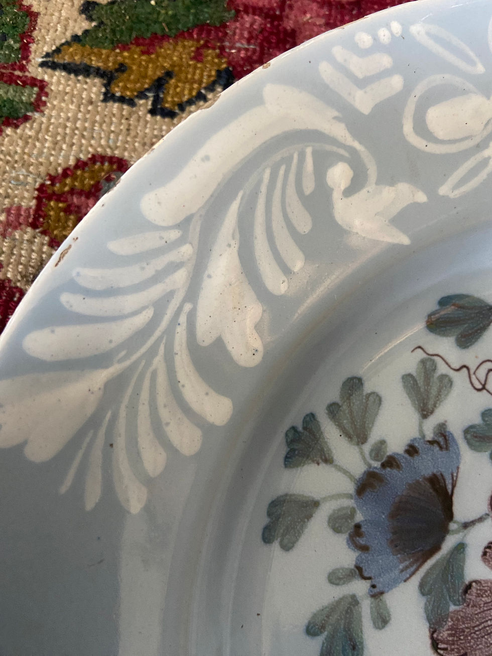 Thumbnail: English delft dish polychrome with white on white border circa 1740 faience
