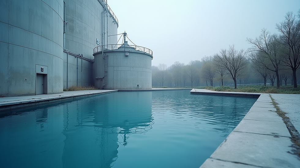 Eye-level view of water treatment plant with advanced mixing tanks