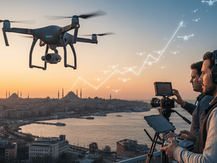 Drone pilotu İstanbul manzarası önünde kumandayla drone uçururken