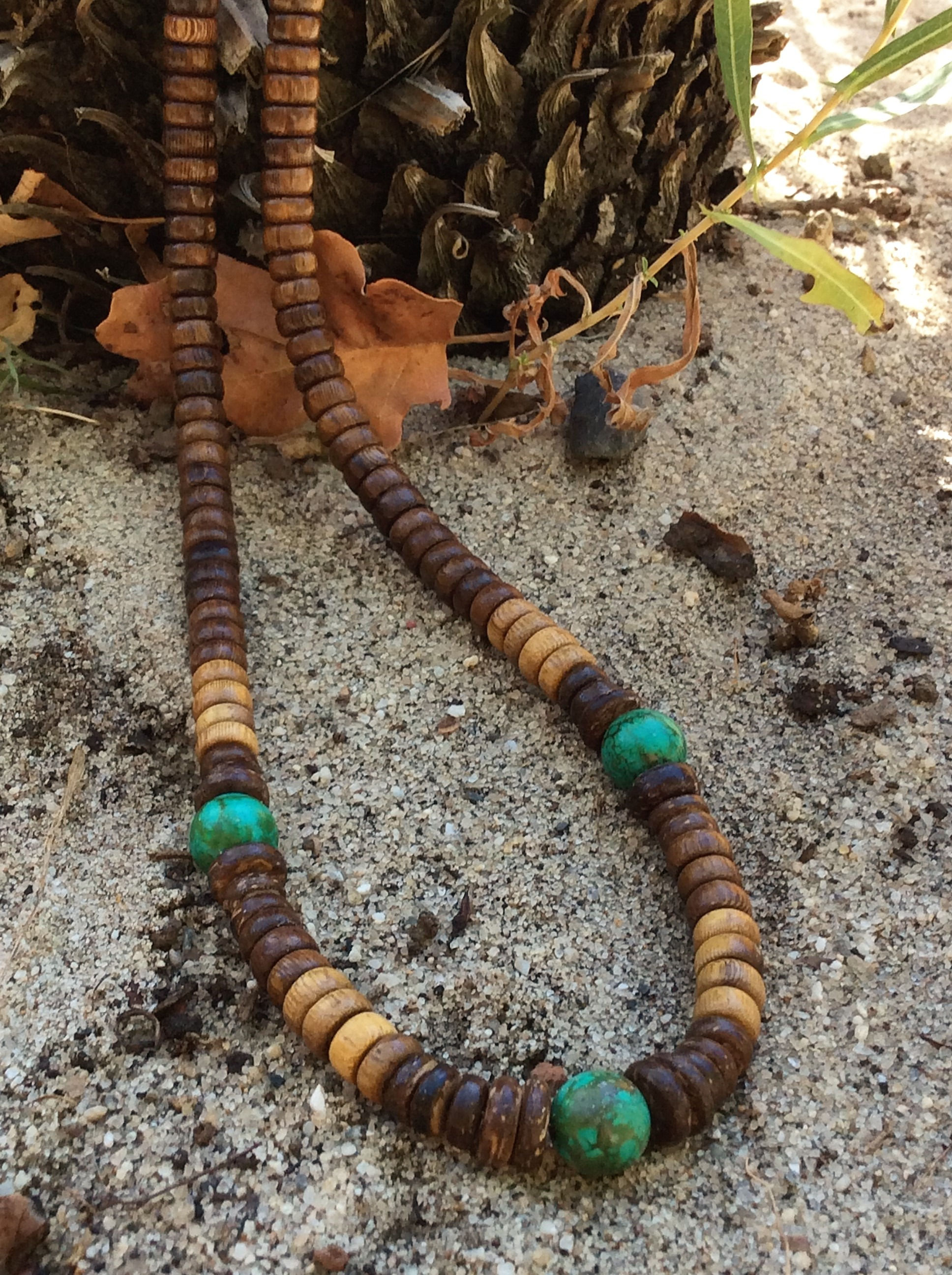 natural turquoise, coconut & wood men's surf necklace