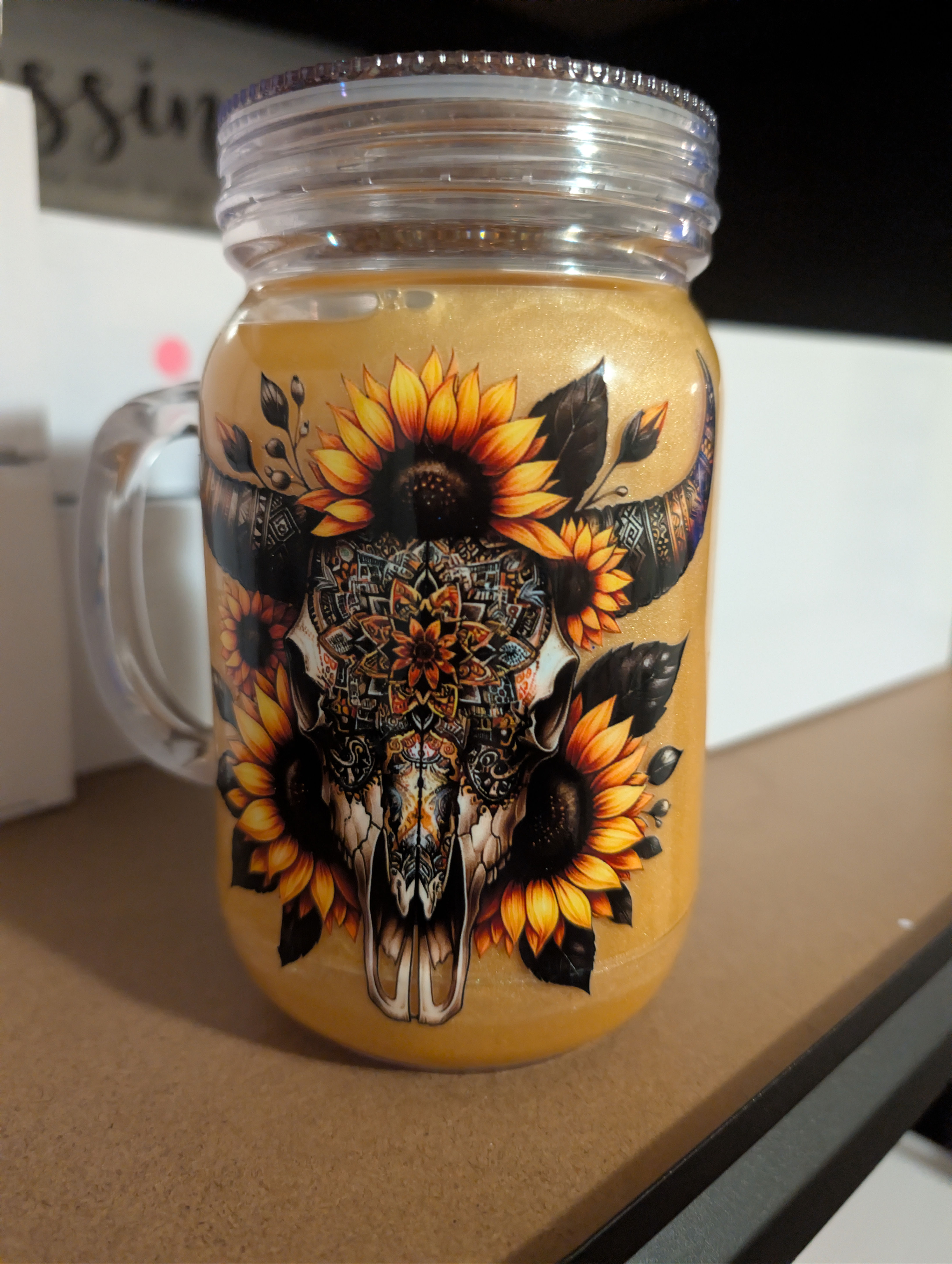 Sunflower Cow Skull Mason cup