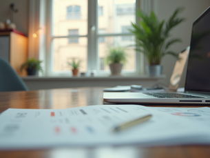A laptop on a wooden desk with financial documents and a gold pen, set against a bright window with potted plants and a city view.