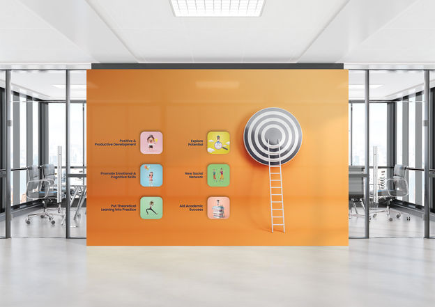 Urjitah classroom branding wall with colorful activity icons promoting experiential learning
