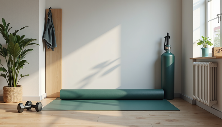 High angle view of a compact workout area with Mudger exercise equipment