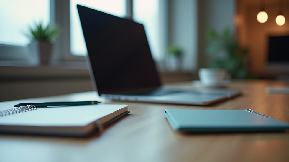 Eye-level view of a modern workspace with a focus on a sleek laptop and notepad