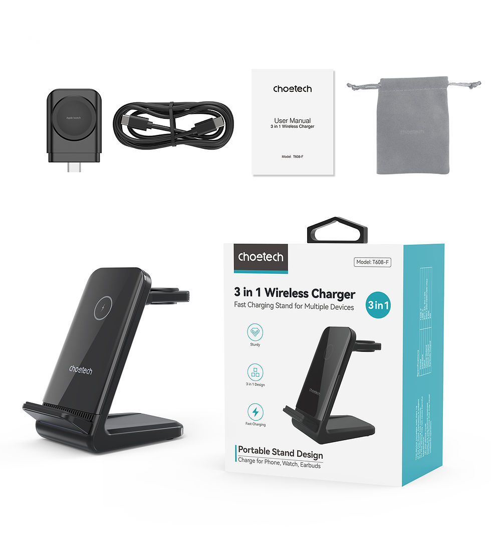 Thumbnail: Choetech 15W 3-in-1 Wireless Charger Stand with Detachable SW Charger (Black)