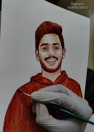 Blood art portrait of man in white shirt with gentle smile