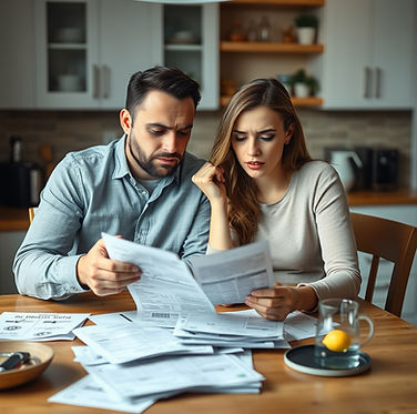 A husband and wife sitting at the kitchen table looking at bills with a stressed look on t