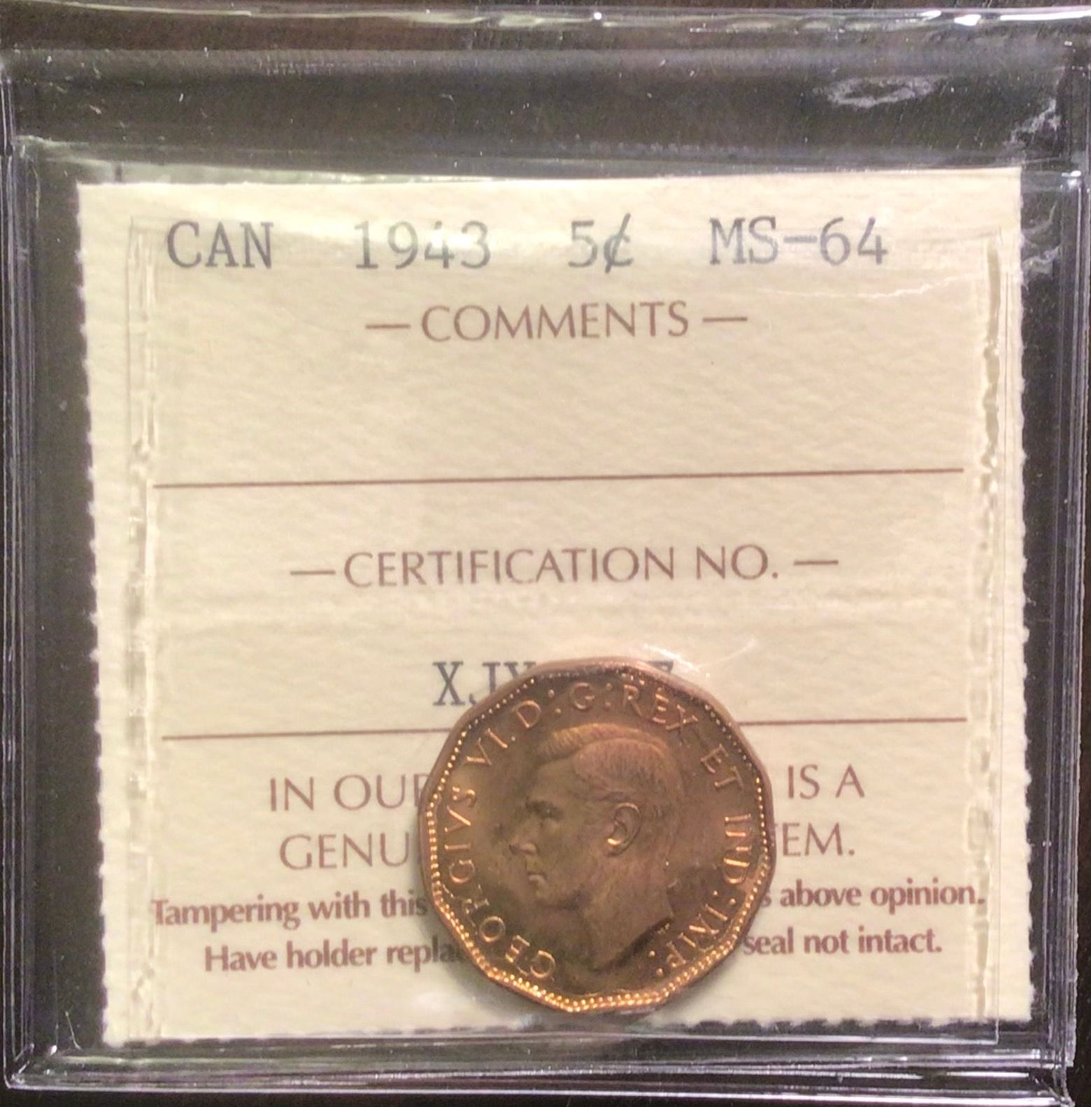 1943  5 CENT ICCS MS64