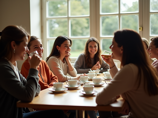 A group-of-people-sitting-around-table-drinking-tea-and-laughing-together-in-a-brightly-li