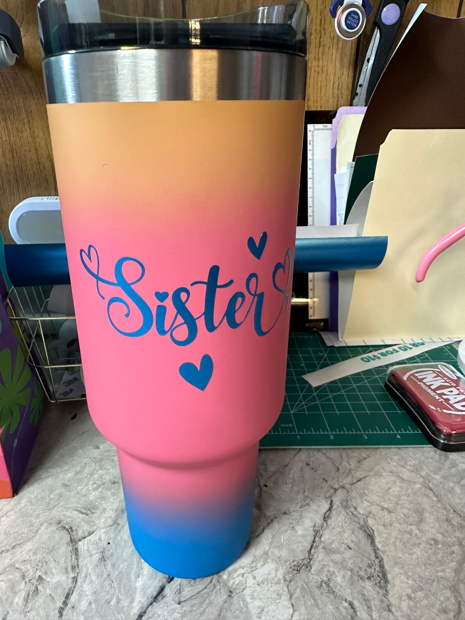 Ombre "Sister" cup. Can be personalized with a quote, name, etc.