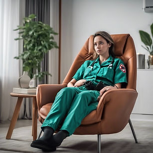 female paramedic who is relaxing in a living room chair and does not have a mask.jpg