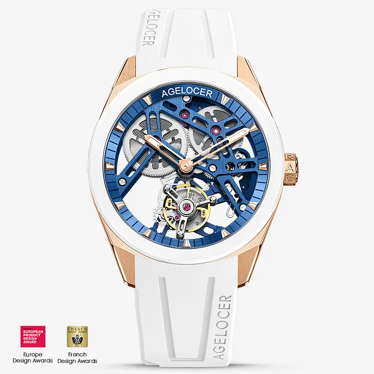 Thumbnail: Tourbillon Men's New Hollow Silver Black Mechanical Watch - Ceramic Bezel