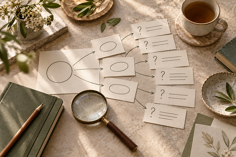 Editorial question map with cards, magnifying glass, notebook, and tea representing long-tail keyword research