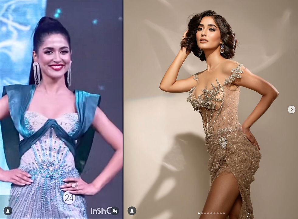 Ojasvi Sharma in Short Hair and Ojasvi Sharma in long hair with an evening gown in Miss Universe India 2025 Finals