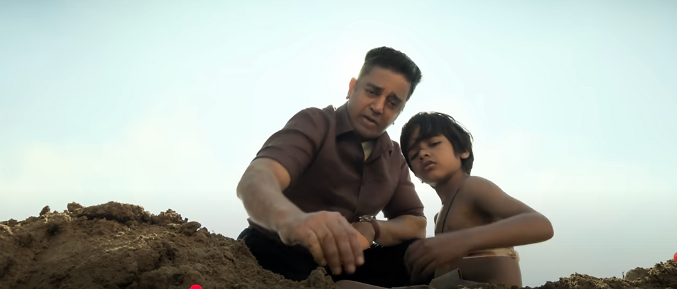 Kamal Hassan and young Silambarasan burying his dead father in Thug Life. De-aging done right for Kamal, resembling Nayagam look.