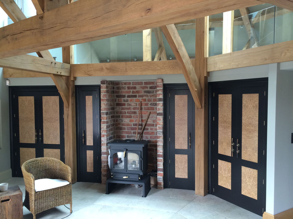 Hand painted and burr oak hall cabinets