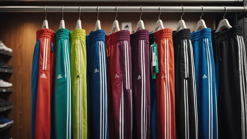 Eye-level view of colorful Adidas track pants hanging on a rack