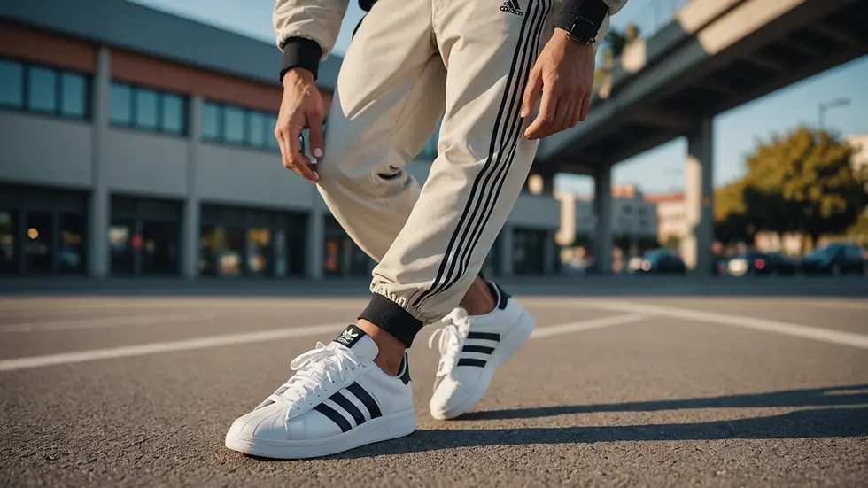 Close-up view of a stylish outfit featuring Adidas track pants and sneakers