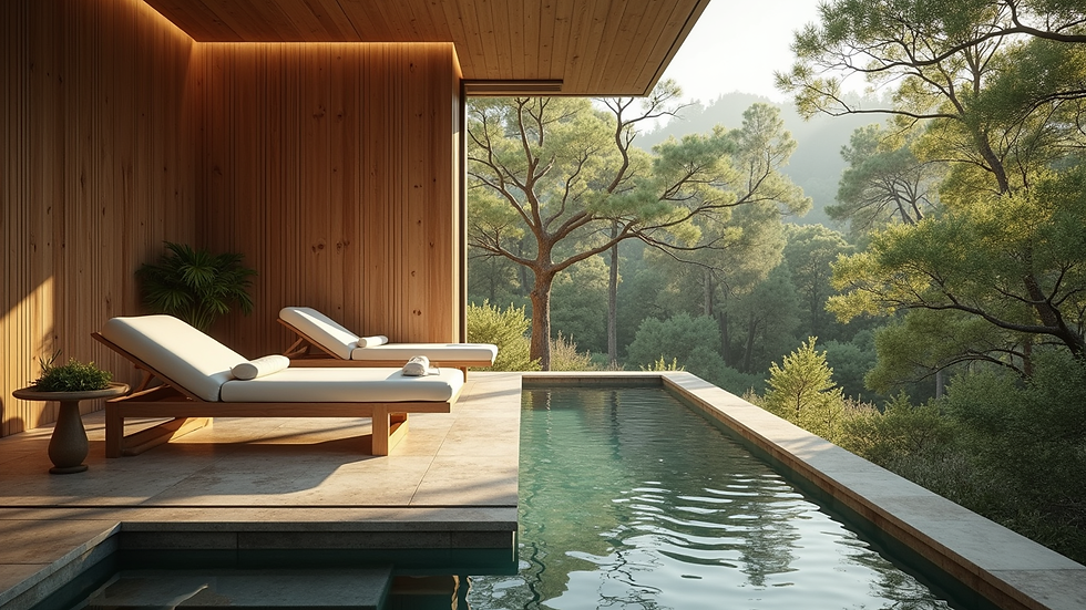 Eye-level view of a serene wellness retreat surrounded by nature