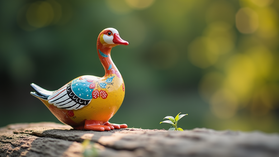 Close-up view of a colorful painted goose figurine