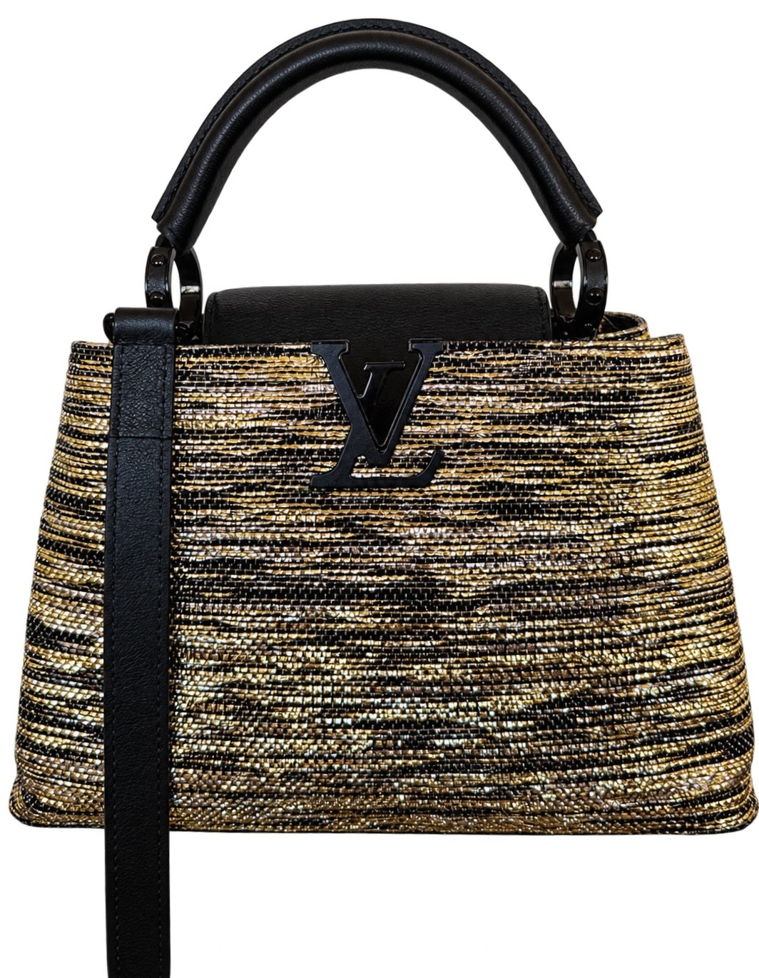 Louis Vuitton Capucines BB So Black in Black and Gold Woven Embroidered Textile