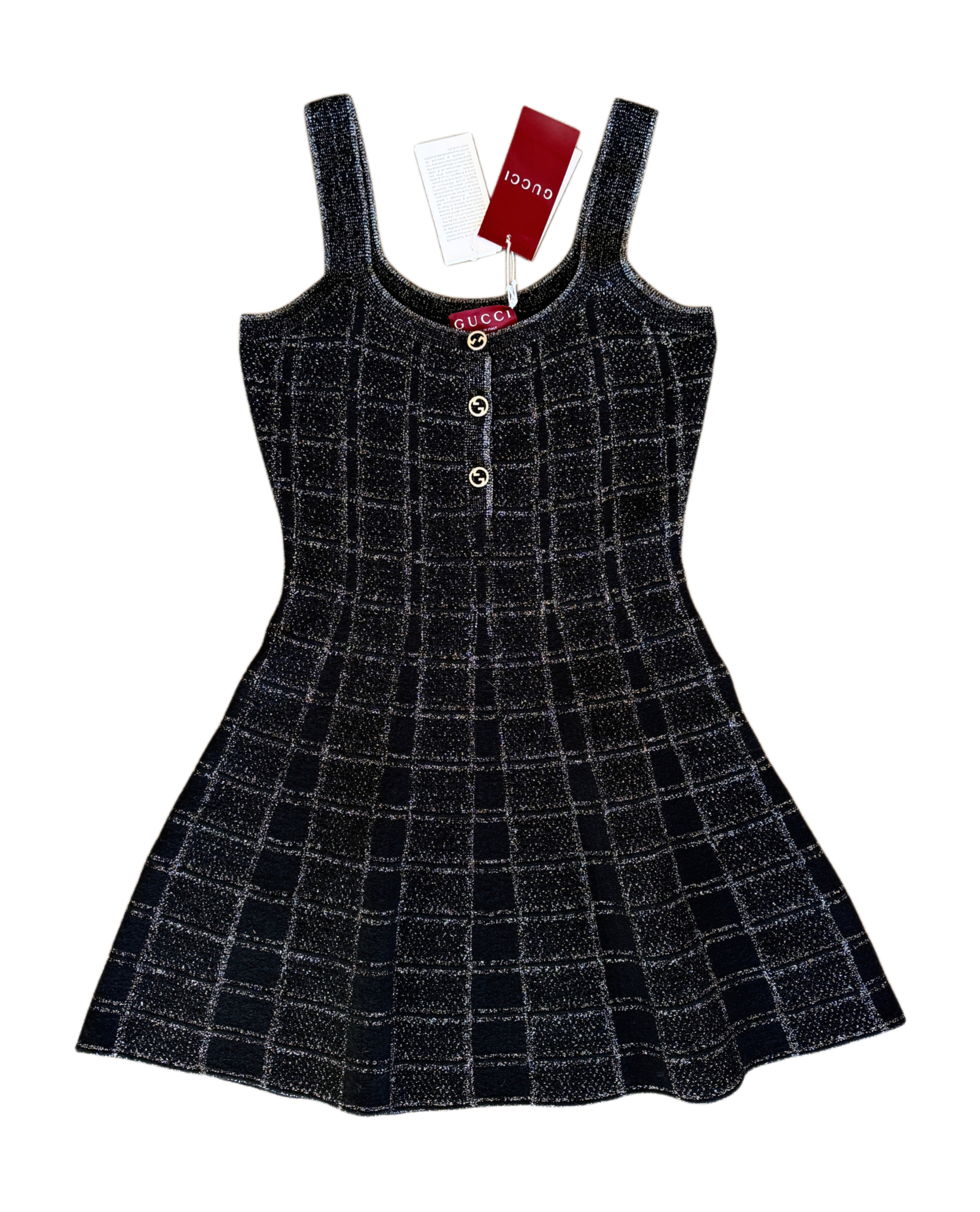 Gucci Black & Silver Check Jacquard Fit-and-Flare Dress
