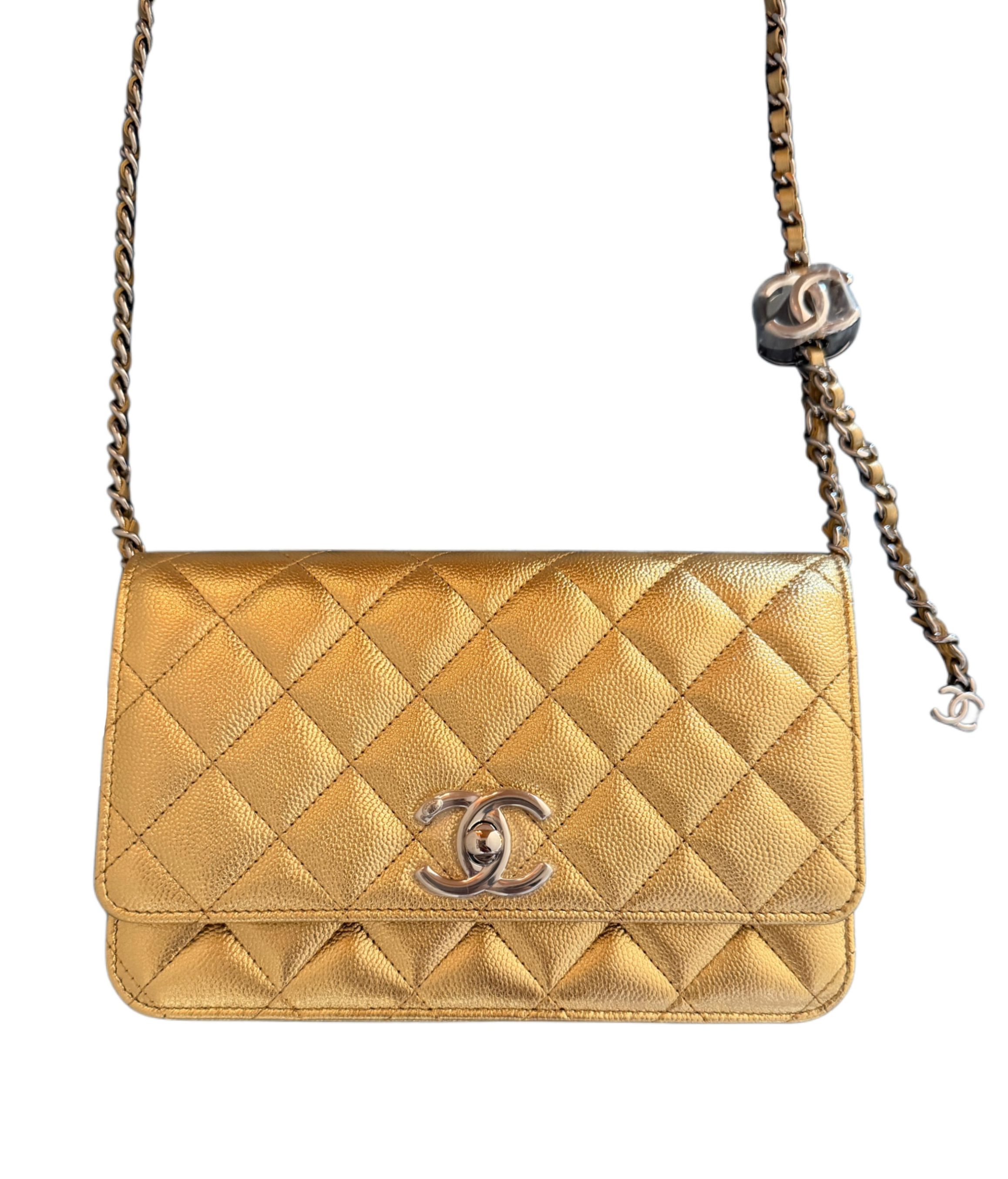 Chanel Gold Metallic Quilted Caviar Leather Wallet On Chain