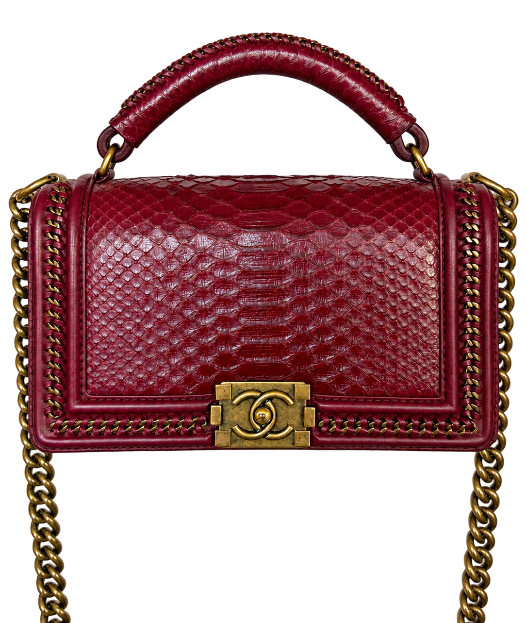 Chanel Medium Burgundy Python Chain Around Boy Bag with Braided Top Handle
