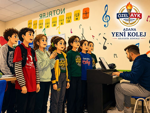 Adana Yeni Kolej öğrencilerinin müzik etkinliğinde piyano eşliğinde birlikte şarkı söylediği ve müzik çalışmaları yaptığı etkinlik.
