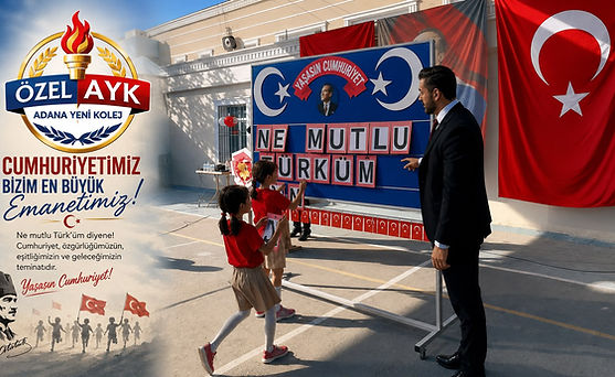 Adana Yeni Kolej öğrencilerinin Cumhuriyet Bayramı etkinlikleri kapsamında hazırlanan “Ne Mutlu Türküm Diyene” temalı çalışmaya katıldığı okul etkinliği.