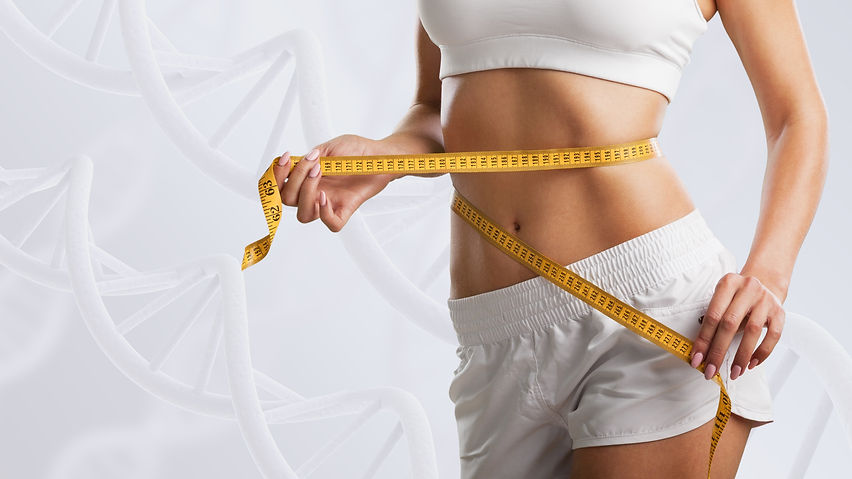 Woman with perfect body near DNA stems. Slimming concept. Improvement of metabolism concep