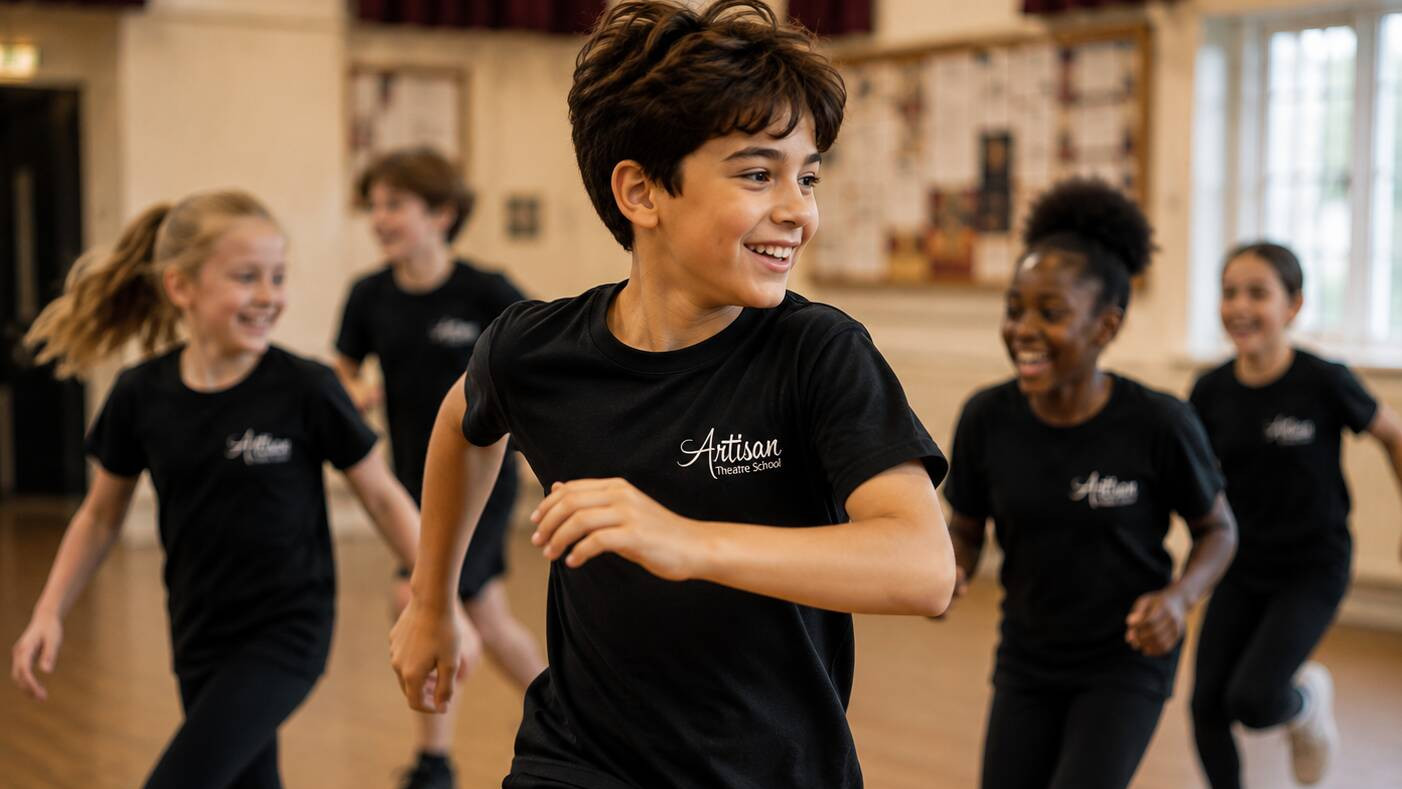 Children in a drama class running around.