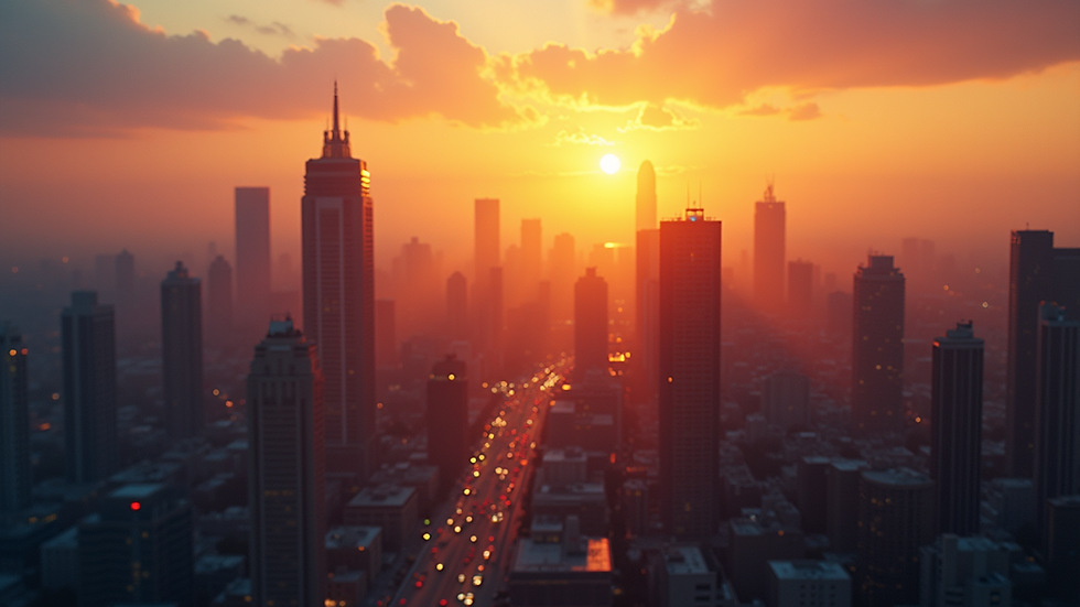 Eye-level view of a vibrant cityscape at sunset