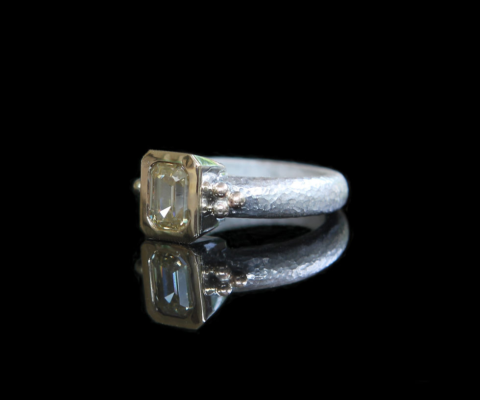 Thumbnail: Hand Forged .98ct Emerald Cut Yellow Moissanite 14K Gold & Sterling Silver