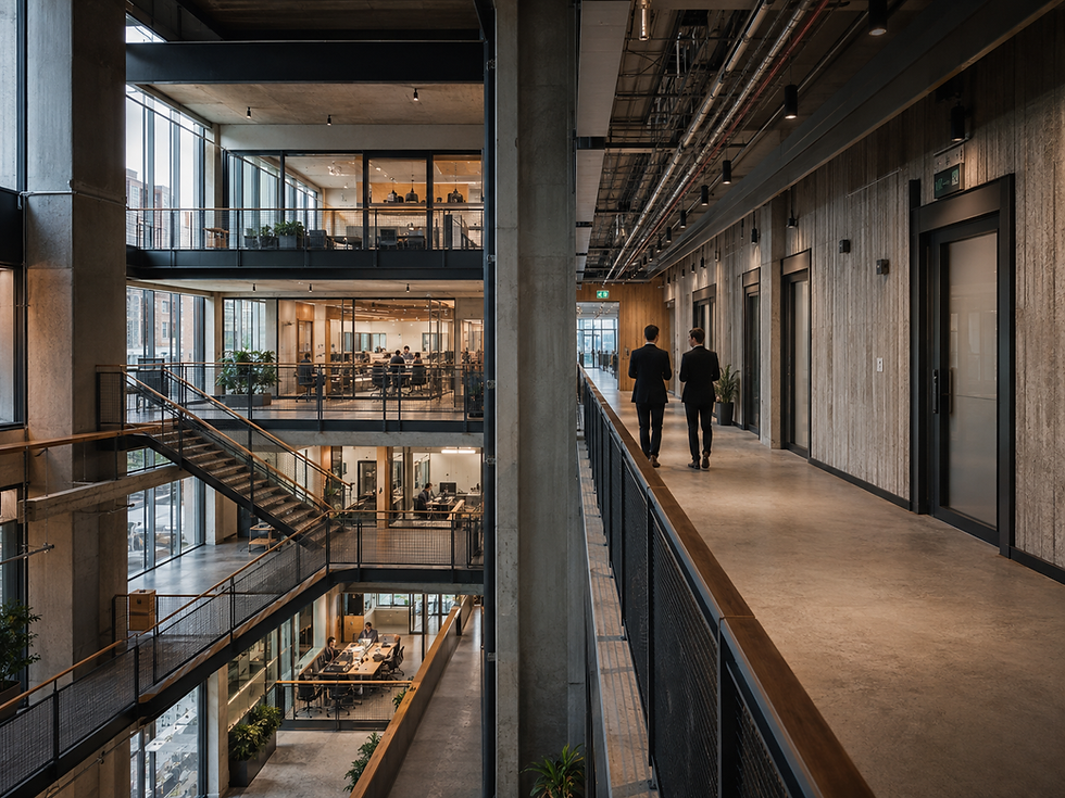 Senior executives walking through a large complex operational organisation