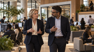 Two senior executives discussing AI strategy while walking through a modern open-plan office