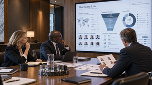 Executives reviewing candidate market coverage during an executive search presentation