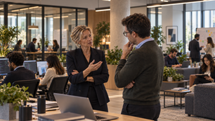Senior executives discussing AI and data leadership in a corporate office