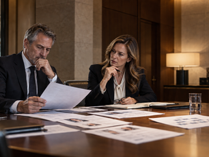 Two senior executives reviewing candidate profiles and market mapping during an executive search discussion