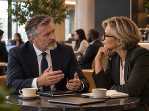 Senior executives in discussion, illustrating the organisational leadership, sponsorship and decision-making required to deliver AI and data strategy.
