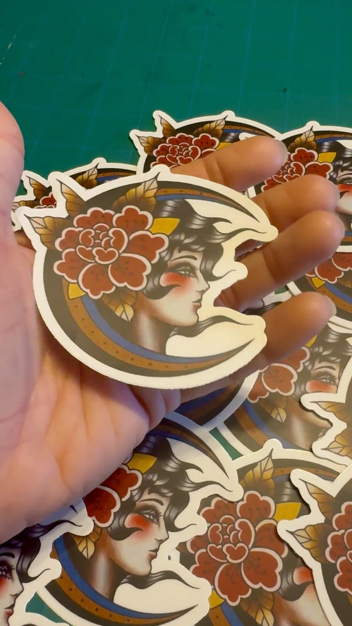 Floral Moon Woman Tattoo Sticker - American Traditional Lady Flash Art