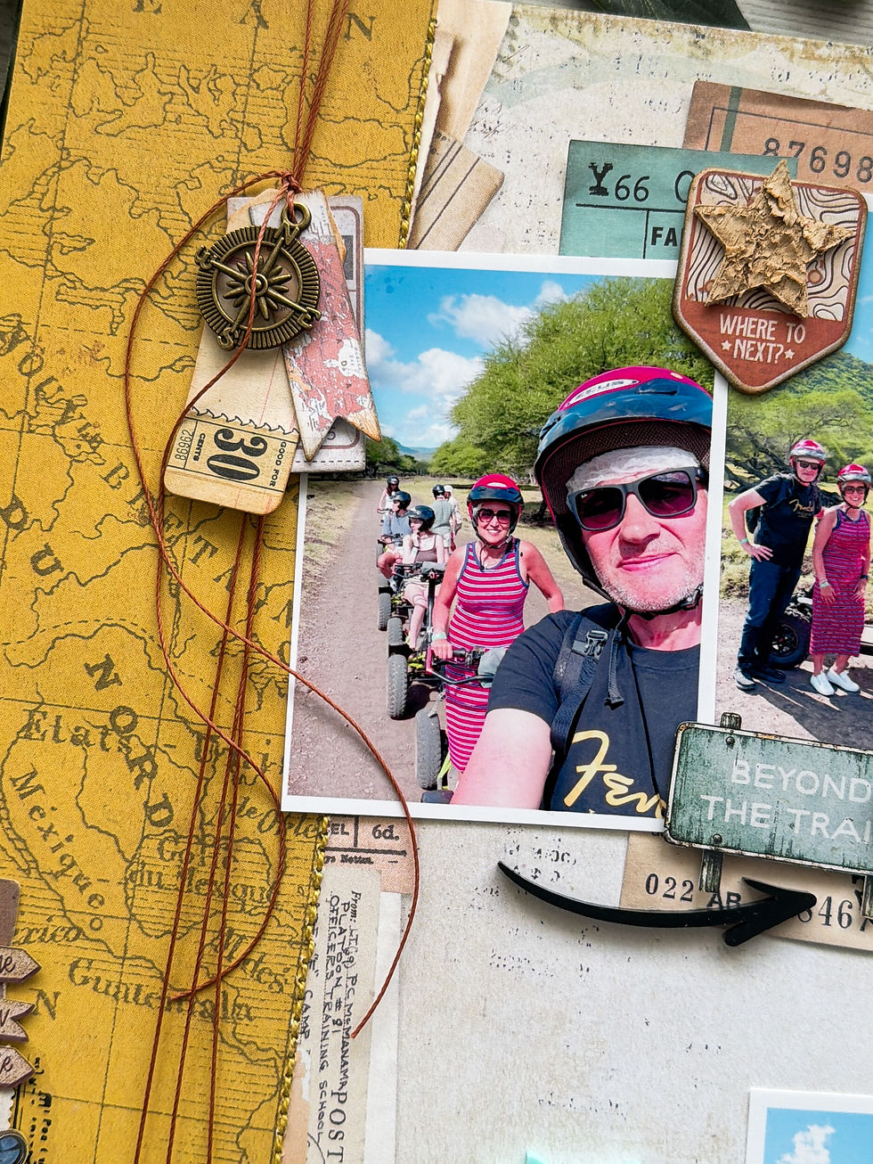 Travel scrapbook Layout By Morag Cutts. Layering 49 & Market papers. Multiple photo layout. Travel inspired. On safari. Bramble Fox Box products use.