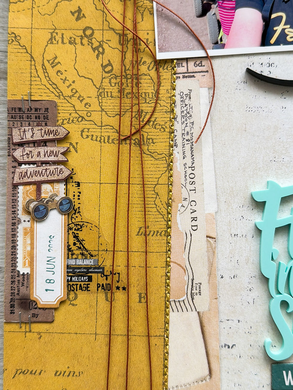 Travel scrapbook Layout By Morag Cutts. Layering 49 & Market papers. Multiple photo layout. Travel inspired. On safari. Bramble Fox Box products use.