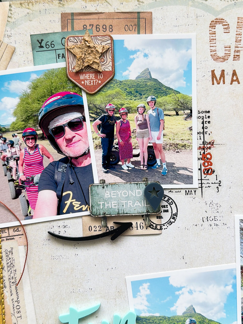 Travel scrapbook Layout By Morag Cutts. Layering 49 & Market papers. Multiple photo layout. Travel inspired. On safari. Bramble Fox Box products use.