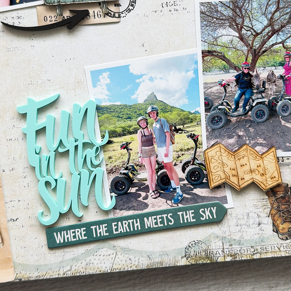 Travel scrapbook Layout By Morag Cutts. Layering 49 & Market papers. Multiple photo layout. Travel inspired. On safari. Bramble Fox Box products use.