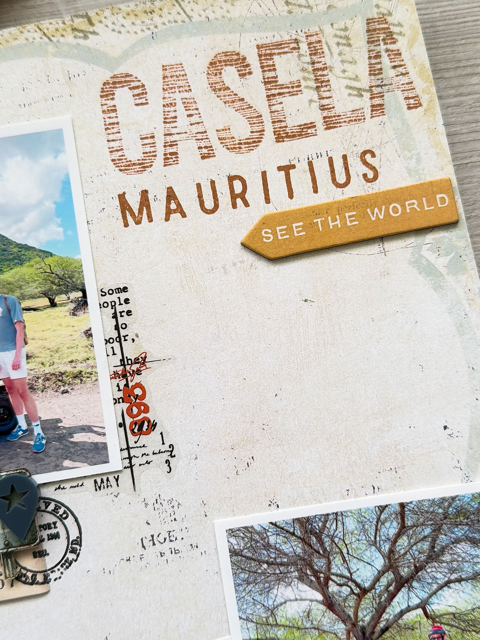 Travel scrapbook Layout By Morag Cutts. Layering 49 & Market papers. Multiple photo layout. Travel inspired. On safari. Bramble Fox Box products use.