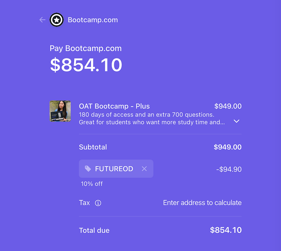 Screenshot of 10% discount applied to OAT Bootcamp using code FUTUREOD