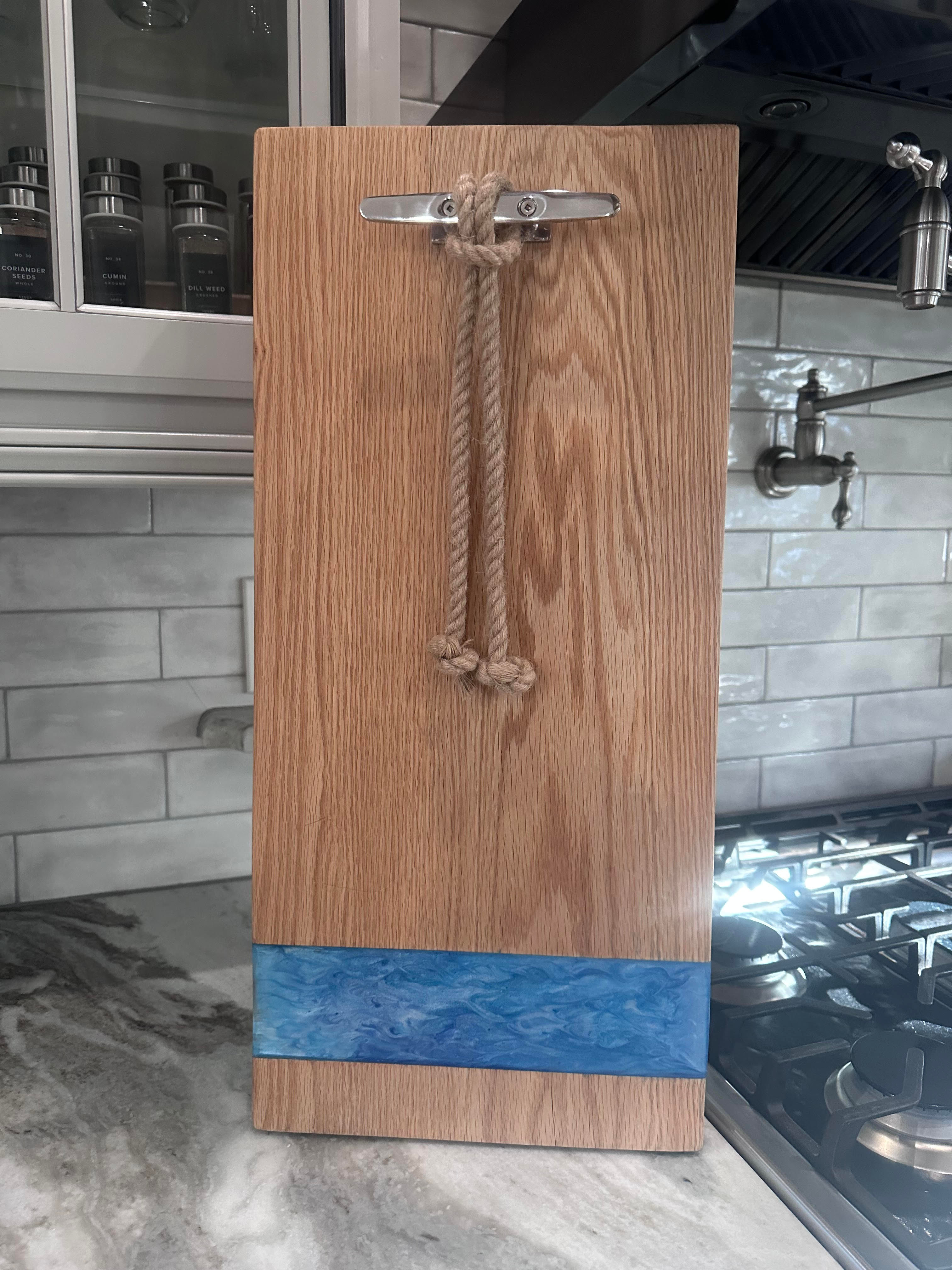 nautical  butcher block charcuterie board w/resin inlay